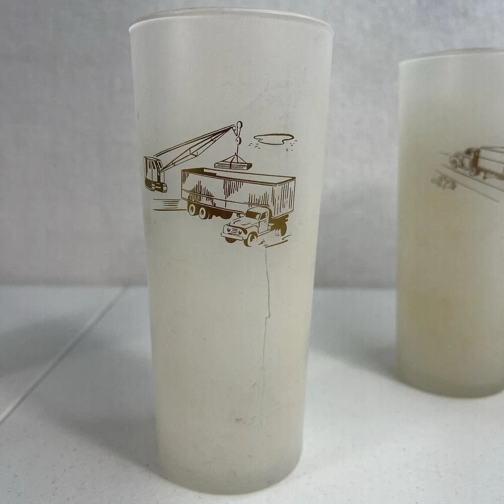 Vintage Rare Lot 6 Glass Frosted White Gold Etching Semi Trailer Crane Big Rig‎